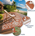 Outdoor Rug 9x12 Waterproof Reversible Plastic Straw Patio Rug, Stain-Resistant Vintage Medallion Carpet, Large Easy-Cleaning Indoor Outdoor RV Mat for Deck, Camping, Balcony, Terracotta Brick/White