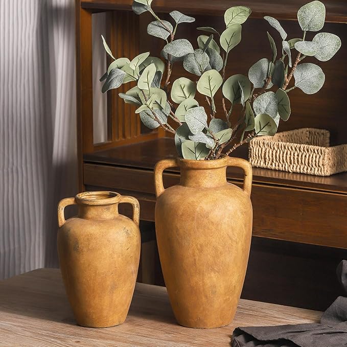 Ceramic Flower Vase with 2 Handles, 8.85 inch Tall Terracotta Rustic Farmhouse Vase, Wide Mouth, for Home Decor, Dining Table, Living Room, Kitchen, Office