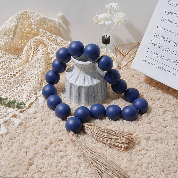 OMISHE Extra Large Wood Bead Garland in Navy Blue with 1.6" Diameter Wooden Beads and Tassels, 41" Long Rustic Farmhouse Country Decorative Beads for Home Wooden Decor, Navy Blue