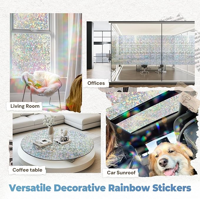 DOWELL Window Privacy Film Rainbow Film, Stained Glass Decorative Sticker, Static Cling Non-Adhesive Glass Clings, Sun Blocking Heat Control Window Coverings for Home Door, 17.5" x 157.4"