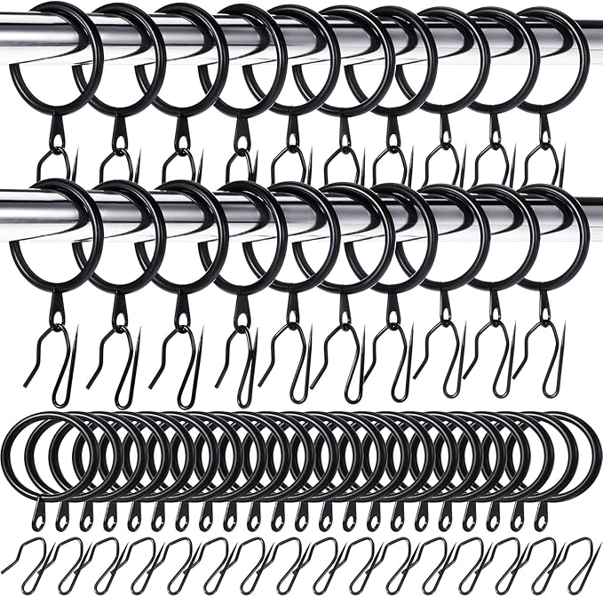 Hotop 60 Pieces 1.65 Inch Metal Drapery Curtain Rings Curtain Hanging Rings and 60 Pieces Metal Drapery Pin Hooks for Drapes Window Door Shower (Black)