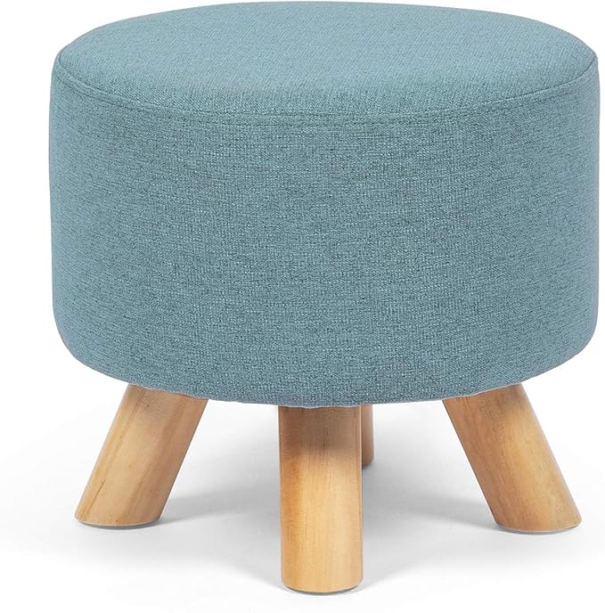 Asense Small Round Ottoman Foot Rest Stool Fabric Padded Seat Footstool Ottoman with Anti-Slip Wooden Legs (Light Blue,Fabric)