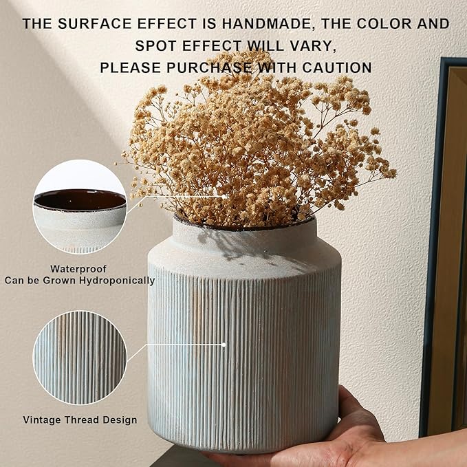 Farmhouse Vase for Home Decor, Vintage Rustic Terracotta Flower Vase Suitable for Home Decor, Living Room, Shelf, Dining Table. 7IN.Light Green