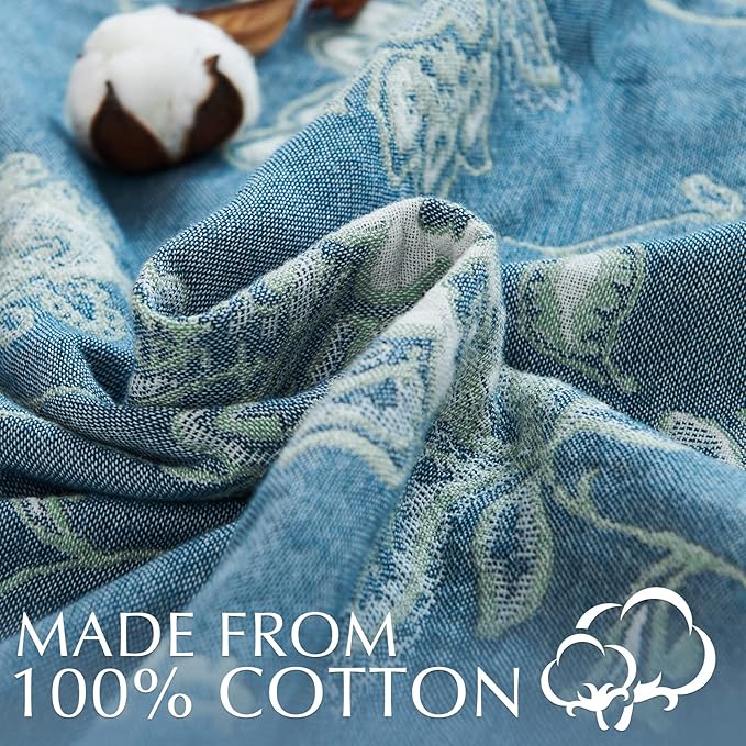 jinchan Boho 100% Cotton Muslin Queen Size 80x90 Inches Blanket Lightweight 4-Layer Quilted Soft Blue and White Floral Throw Blanket Green Accents Reversible Comfy Flower Rustic Summer Couch Bedroom