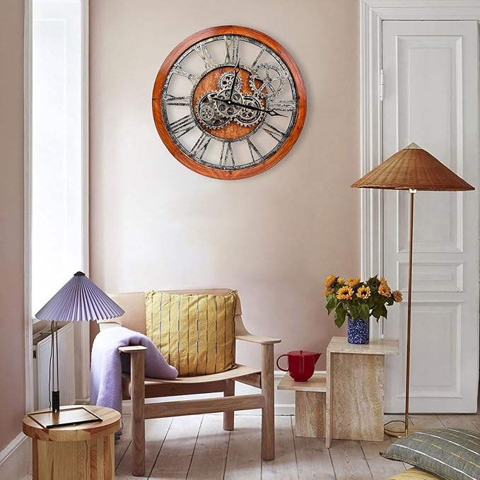 The B-Style Large Wall Clock 24 inch Moving Gear Wall Clock Oversized Vintage Farmhouse Wall Clocks for Living Room Decor Rustic Industrial Wood Clock (Brown and Bronze)