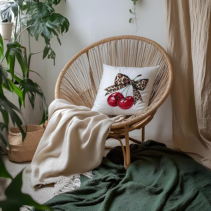 Coquette Leopard Bow Cherry Pillow Covers 18x18, Coquette Cheetah Print Room Decor, Preppy Girly Trendy Leopard Ribbon Cherry Decorative Throw Pillow Covers for Girls Dorm Apartment