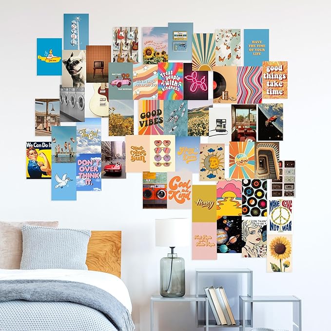 Y2K BOO Hippie Aesthetic Wall Collage Kit – 50 Multicolor Boho Retro Photos, 4"x6" Semi-Gloss Prints for Teen Girls Dorm Room Decor, Vintage 70s Wall Art, Birthday & Graduation Gift