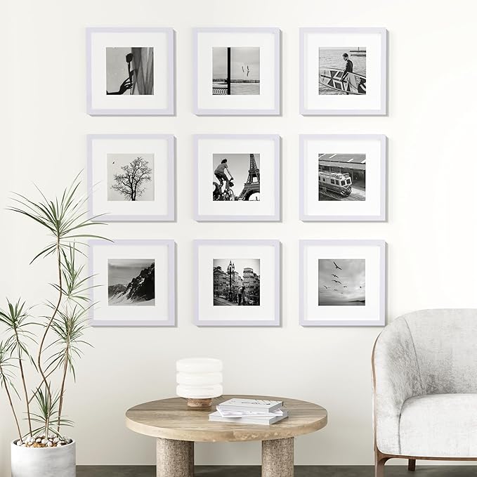 Vittanly 12x12 Picture Frames Set of 9, Shatter Resistant Plexiglass, Display 8x8 Pictures with Mat or 12x12 without Mat, Photo Frames for Wall Mount, Engineered Wood, White