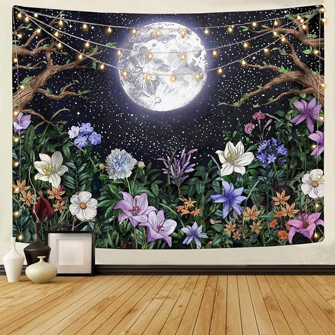 Neasow Aesthetic Moon Garden Tapestry Wall Hanging, Night Landscape with Colorful Plants Floral Tapestries for Bedroom Home Decor Multi Color 60×80 inch (150cm×200cm)