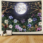 Neasow Aesthetic Moon Garden Tapestry Wall Hanging, Night Landscape with Colorful Plants Floral Tapestries for Bedroom Home Decor Multi Color 60×80 inch (150cm×200cm)