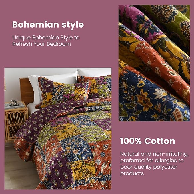 Secgo King Size Comforter Set- 100% Cotton Quilt King Size Set, Green, Sage bedspreads (96 * 108 Inch) with 2 Pillow Shams, Patchwork Reversible Lightweight Bedding