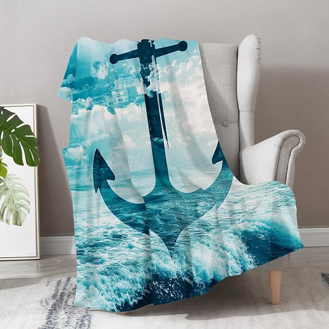 Aimego Anchor Nautical Blanket Gifts for Men Dad Husband Women Kids Boys Adults Navy Sea Adventure Ocean Theme Fleece Cozy Bed Couch Birthday Christmas Throw Blankets 50"x60"