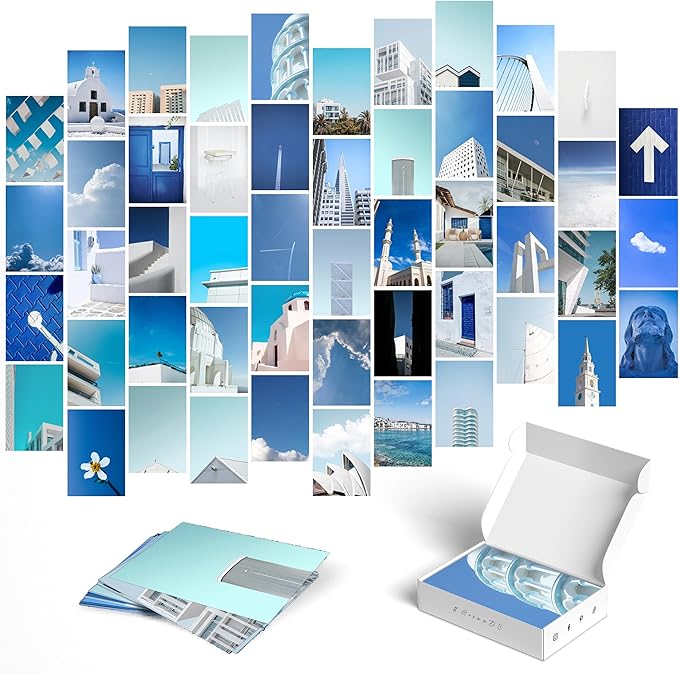 Y2K BOO Elegant Blue and White Wall Collage Kit - 50 Aesthetic Posters for Room Decor, Perfect Dorm and Bedroom Wall Art, Tranquil Blue and White Collage Kit for Teen Girls and Serene Spaces