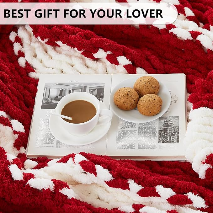 L'AGRATY Chunky Knit Blanket Throw - Soft Chunky Throw Blanket 30x40: 100% Hand Kintted Chenile Crochet Throw Blanket for Couch - Large Cable Knit Chunky Blanket for Home Decor(Red and White)