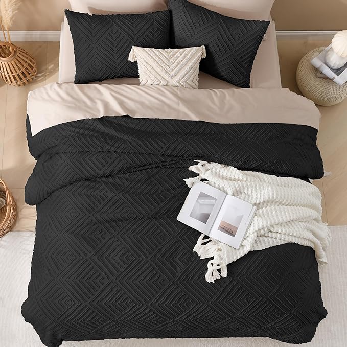 Andency Black Comforter King Set, 3 Pieces Boho Bedding Set & Collections, Farmhouse Tufted Fluffy Bedding Comforter Sets for King Bed (1 Comforter 104x90In, 2 Pillowcases)
