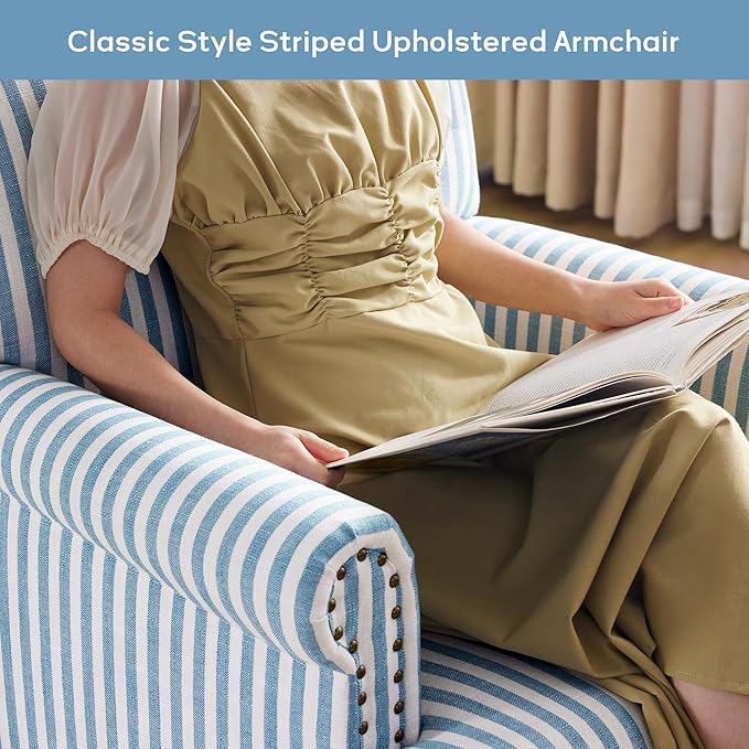 HUIMO Linen Fabric Accent Chairs Set of 2, Mid-Century Modern Armchair with Solid Wood Legs, Single Sofa Chair,Upholstered Reading Club Chair (2, Blue and White Stripe)