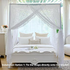 AIKASY Elegant Lace Princess 4-Poster Bed Canopy Mosquito Net - Romantic Wedding Bridal Bedroom Decor, Kids Room Bed Curtain for Women Adults - (White-3,King)