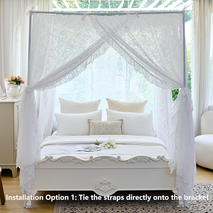 AIKASY Elegant Lace Princess 4-Poster Bed Canopy Mosquito Net - Romantic Wedding Bridal Bedroom Decor, Kids Room Bed Curtain for Women Adults - (White-3,Twin)
