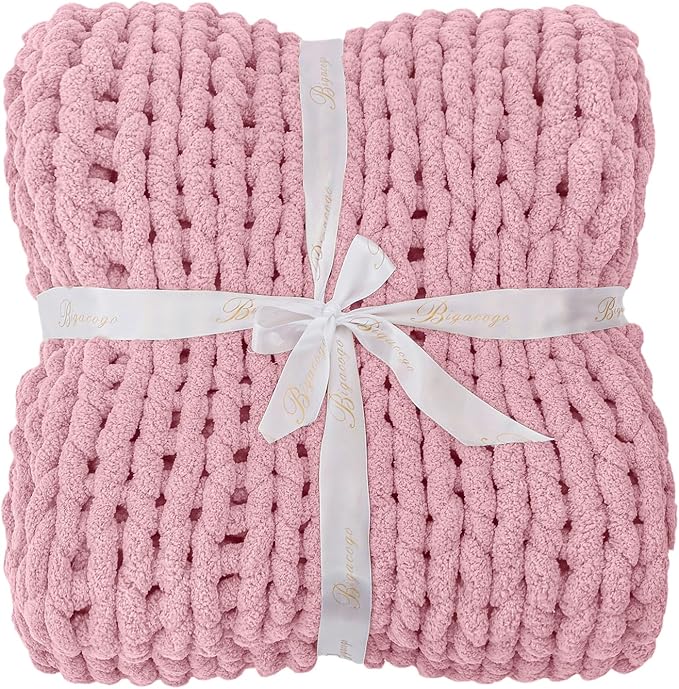 Bigacogo Chunky Knit Throw Blanket for Couch, 40x80 inches, 100% Hand Knitted with Thick Jumbo Chenille Yarn, Cozy Soft Large Rope Knot Cable Crochet Blankets for Sofa Bed Living Room, Blush Pink