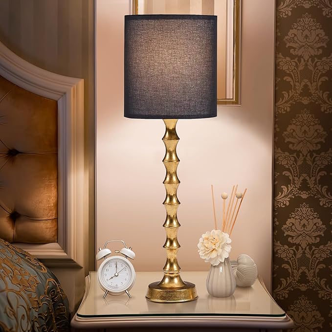 30.5" Gold Buffet Lamps Set of 2 with Black Shade, Buffet Table Lamps Set of 2 for Living Room, Black Golden Lamp for Dining Room, Golden Bamboo Lamps for Credenza