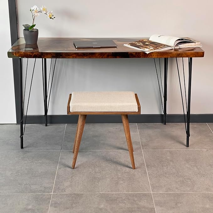 Walnut Ottoman Stool for Living Room | Upholstered in Cream Pattern Fabric | Versatile as a Piano Bench | Ideal Bedroom Bench | Functional Footstool Bench