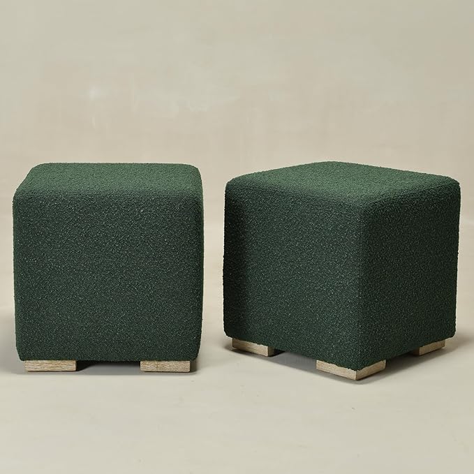KINWELL 18.5" Wide Modern Square Boucle Upholstered Ottoman with Solid Wood Legs Set of 2, Cube Ottoman Multi-Functional Sofa Footrest, Extra Seating for Living Room, Bedroom, Fully Assembled (Green)