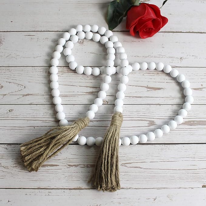 CVHOMEDECO. Wood Beads Garland with Tassels Farmhouse Rustic Wooden Prayer Bead String Wall Hanging Accent for Home Festival Decor. White