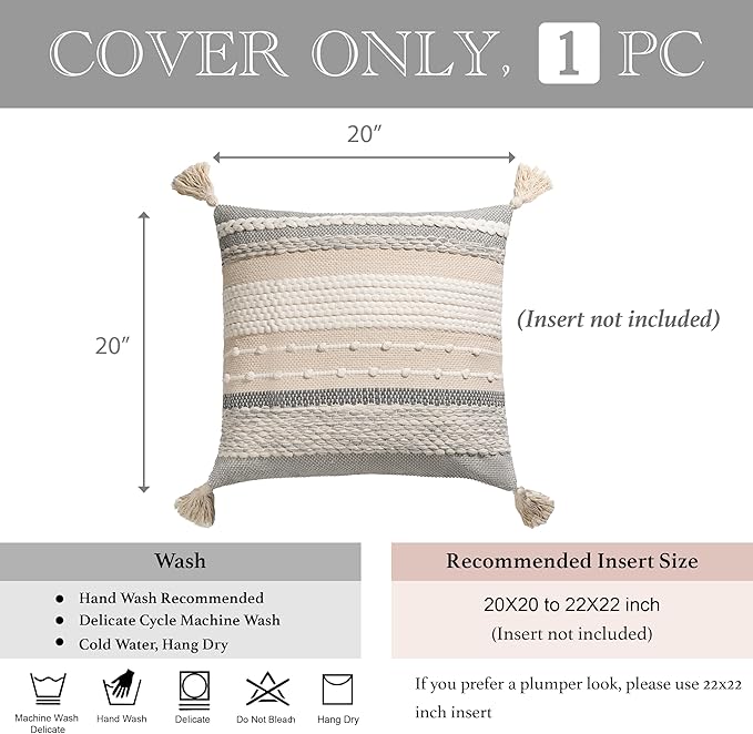 BlissBlush Gray Boho Throw Pillow Cover 20x20 Grey Decorative Accent Pillow for Couch Square Woven Textured Pillowcase Modern Farmhouse Pillow for Bed Bohemian Pillow Cover (Pack of 1)