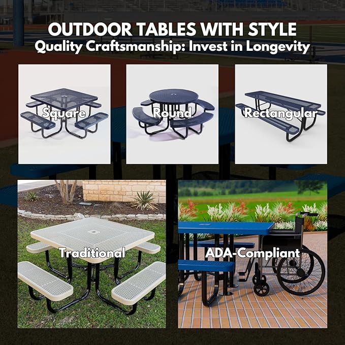 Coated Outdoor Furniture Heavy-Duty Portable Outdoor Picnic Table with Umbrella Hole, Punched Steel Commercial-Grade Patio Dining Furniture Made in America (46" Round Top, Textured Light Blue)