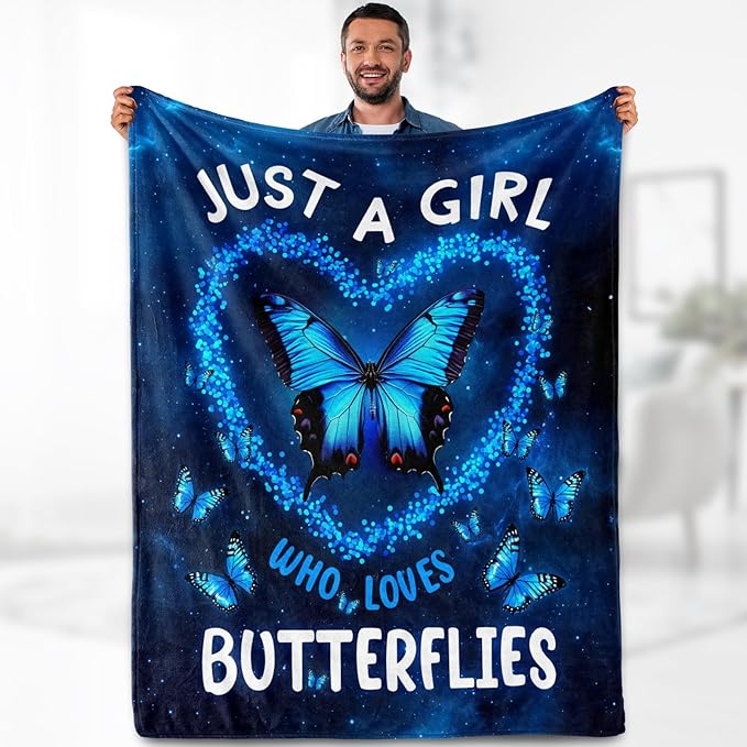 Butterfly Blanket Gifts for Girl Woman - Just A Girl Who Loves Butterflies Lovers Beautiful Themed Throw for Kids Teen Friend Adults Soft Cozy Decor Birthday Christmas Lightweight Blanket 50"x60"
