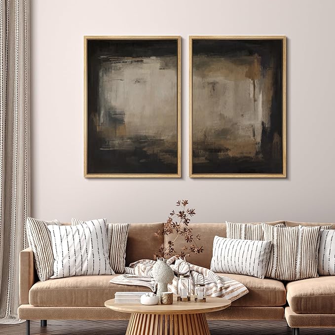SIGNFORD Framed Canvas Print Wall Art Set Neutral Black and Brown Contemporary Minimalist Illustration Modern Art Decorative for Living Room, Bedroom, Office - 24"x36"x2 Natural