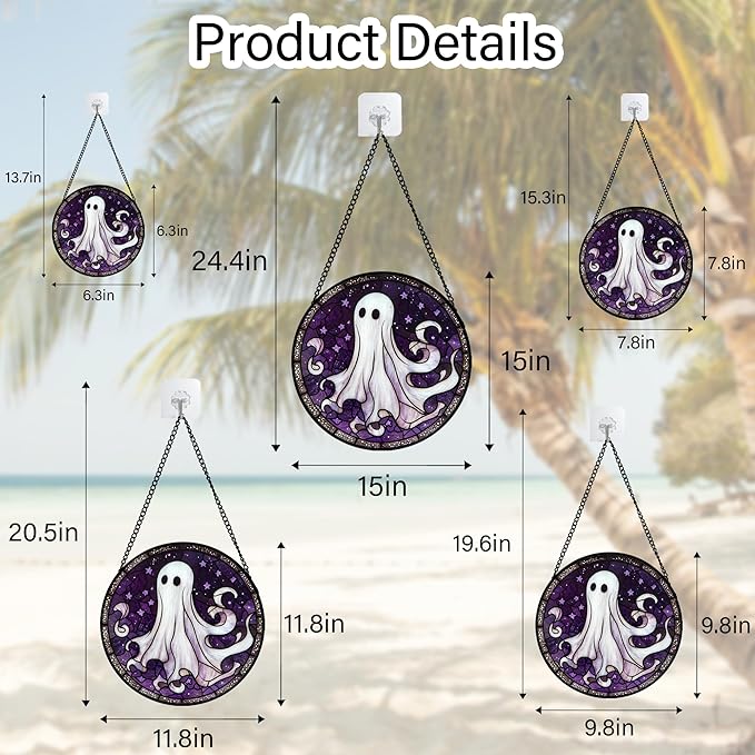 Stained Glass Window Hanging - Halloween Decorations White Ghost Purple Stars Suncatcher for Doors Garden Spooky Funny Sun Catchers Gothic Decor Horror Gifts for Women Men Friend 9.8 in