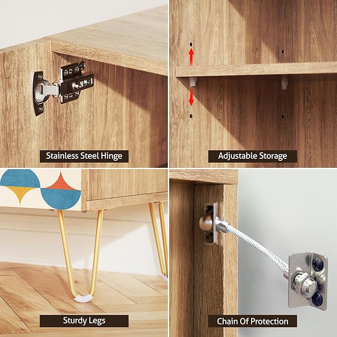 SIGNWIN Sideboard Buffet Cabinet, Kitchen Storage Cabinet with 2 Doors, Vibrant Orange & Blue Polygon, Cupboard Console Table for Dining Room - 35" L x 18" W x 29" H