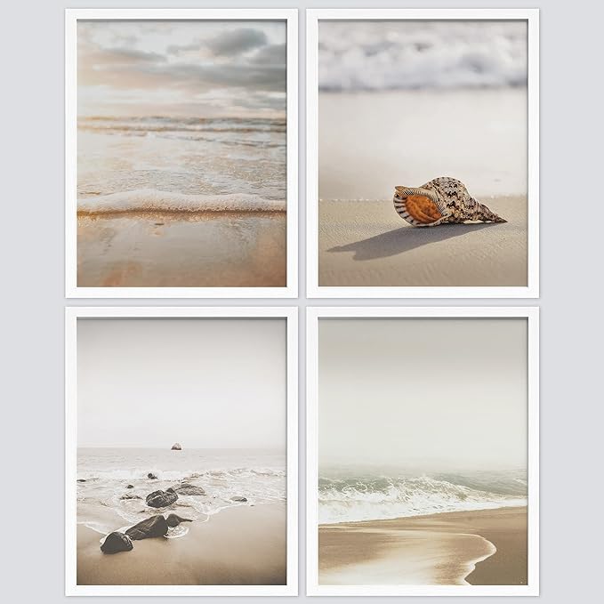 SIGNWIN Framed White Minimal Beach Shore Ocean Sea Seashell Wall Art, Set of 4 Landscape Colorful Wall Decor Prints, Nature Wilderness Wall Décor for Living Room, Bedroom - 8"x10" White