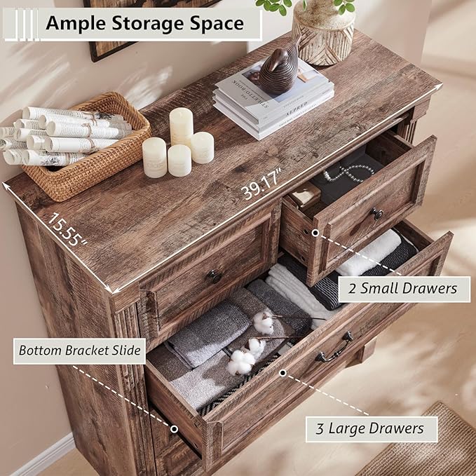 Farmhouse 5 Drawers Dresser for Bedroom, 46" Tall Dressers & Chests of Drawers w/Roman Column, Large Storage Dressers Organizer for Bedroom, Hallway, Living Room, Light Brown