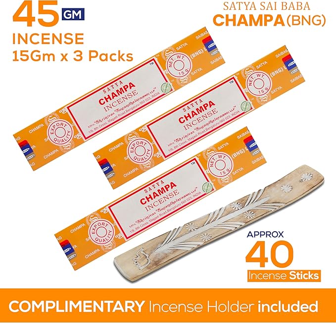 Satya Nagchampa Champa Incense Sticks, Satya Bng (Bangalore) Insenses 15gmx3 Pack (45 GMS) with Raajsee Incense Holder Bundle, Satya Nagchampa Natural Incense