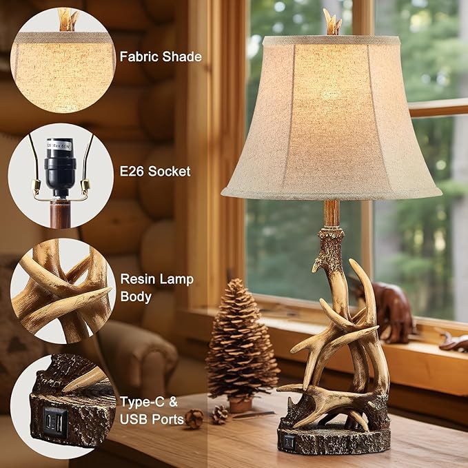27.25'' Rustic Antler Table Lamp for Bedroom Nightstand Lamps with USB A + C Charging Ports Western Cabin Lamps for Living Room Home Office, Linen Lampshade, Single, Bulb Not Included