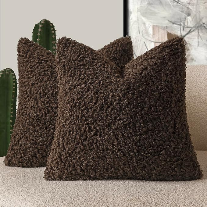 Foindtower 2 Pieces 22x22 Inch Dark Brown, Faux Fur Throw Pillow Cover Accent Sherpa Furry Pillow Covers Fuzzy Soft Pillowcases Cozy Sheepskin Decorative Fleece Cushion Case for Bed Couch Living Room