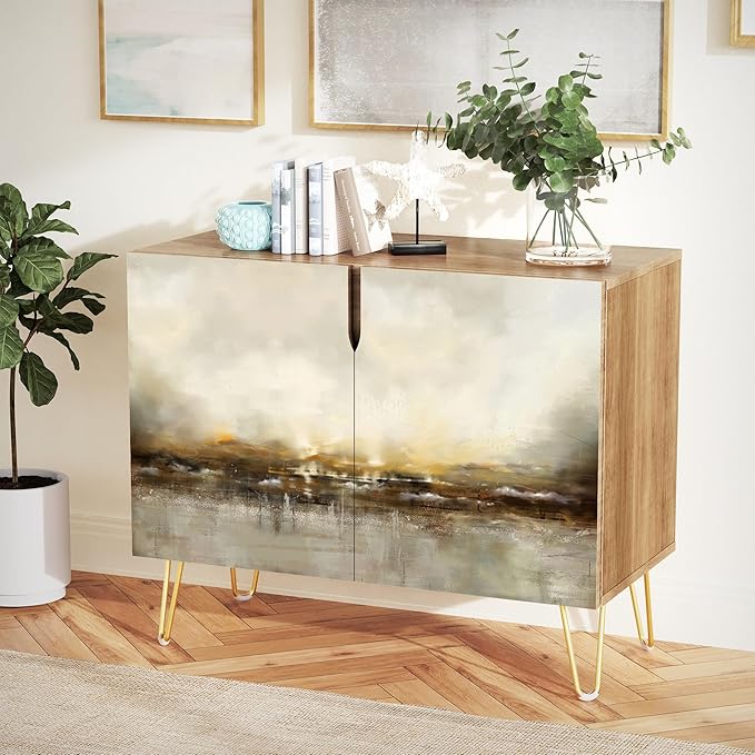 SIGNWIN Sideboard Buffet Cabinet, Kitchen Storage Cabinet with 2 Doors, Brown & Gray Grunge Paint, Cupboard Console Table for Dining Room - 35" L x 18" W x 29" H