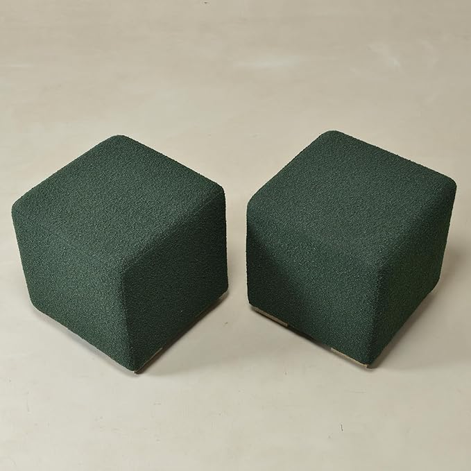 KINWELL 18.5" Wide Modern Square Boucle Upholstered Ottoman with Solid Wood Legs Set of 2, Cube Ottoman Multi-Functional Sofa Footrest, Extra Seating for Living Room, Bedroom, Fully Assembled (Green)