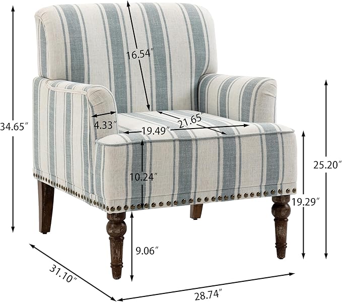 UIXE Stripe Accent Chair, Living Room Arm Chairs Modern Nailhead Trim Club Armchair with Wood Legs, Comfy Upholstered Sofa Lounge Seat Reading Seat Bedroom Side Seating for Home Office, Blue