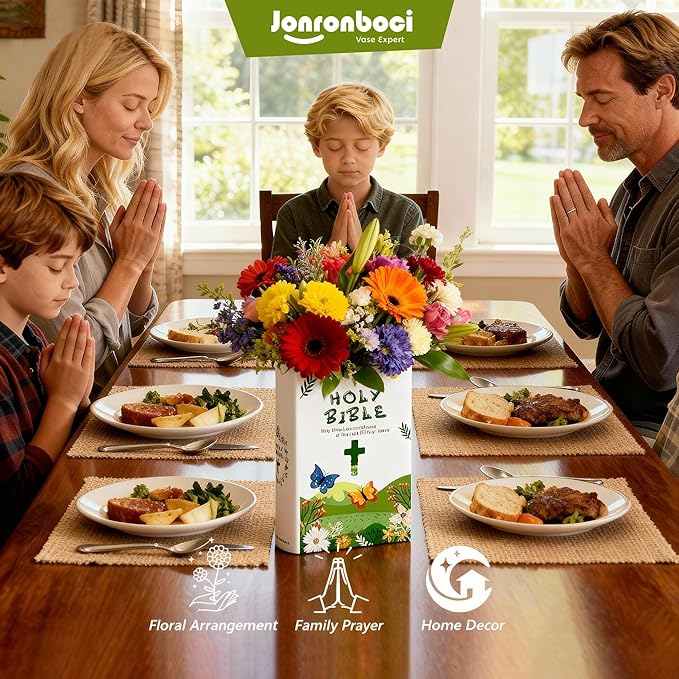 Bible Blessings Spring Flower Vase - Modern Ceramic Book-Shaped Vase for Flowers - Christian Desk Decor for Prayer Room, Dining Table, Coffee Table, Entryway Console, Religious Gifts(Green Spring, XL)