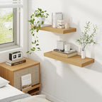 Fun Memories 24 Inch Floating Shelves for Wall, 9 Inch Deep Oak Rustic Wood Wall Mounted Shelves for Bathroom, Kitchen, Living Room, Set of 2