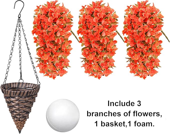 Bougainvillea Artificial Fall Flowers Fake Plants for Outdoors Autumn Decoration, 3PCS Faux Silk Hanging Trailing Vines with Baskets UV Resistant Realistic for Front Door Patio Balcony, Fall Orange