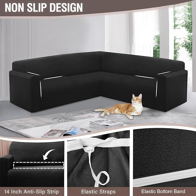 HDCAXKJ Sectional Couch Cover L Shape Stretch Sofa Covers Washable Jacquard Corner Couch Slipcover Non Slip Sectional Slip Cover U Shaped Furniture Protector for Pets Dogs (Black, Large)