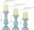 Deco 79 Mango Wood Decorative Candle Holder Distressed Turned Pillar Candle Stand, Set of 3 Candlestick Holder 6", 8", 10"H, Light Blue