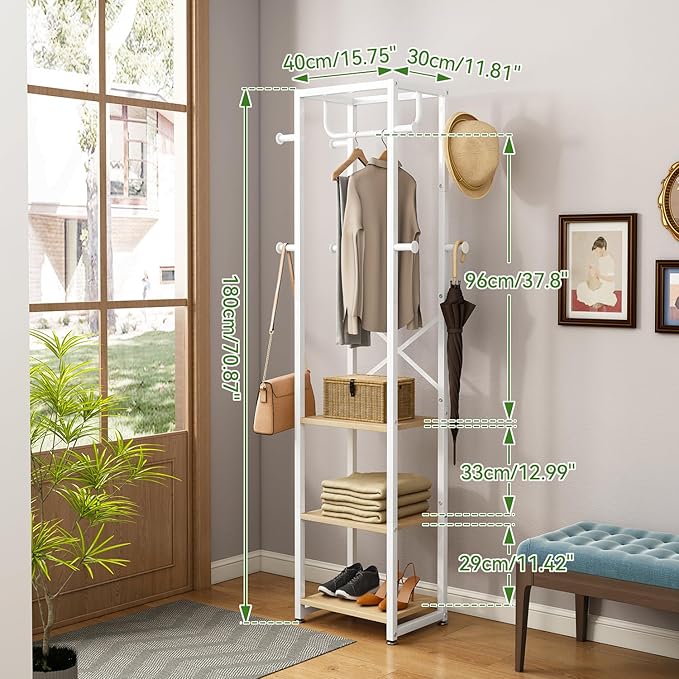 IBUYKE Coat Rack with Shelves, Freestanding Hall Tree with 3 Shelves and 8 Hooks, Industrial Clothes Stand for Entryway, Hallway, Bedroom, Natural UTMJ088R