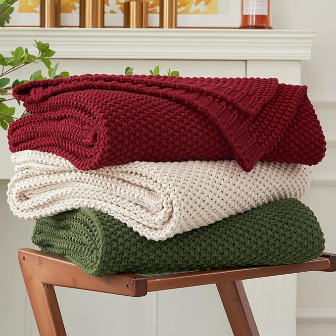 Longhui bedding Chunky Cable Knit Throw Blanket Lightweight Burgundy 100% Organic Cotton Blanket for Sofa Couch Bed Baby Nursery, Rustic Shabby Chic Modern Farmhouse, 51” x 63” Give Laundering Bag