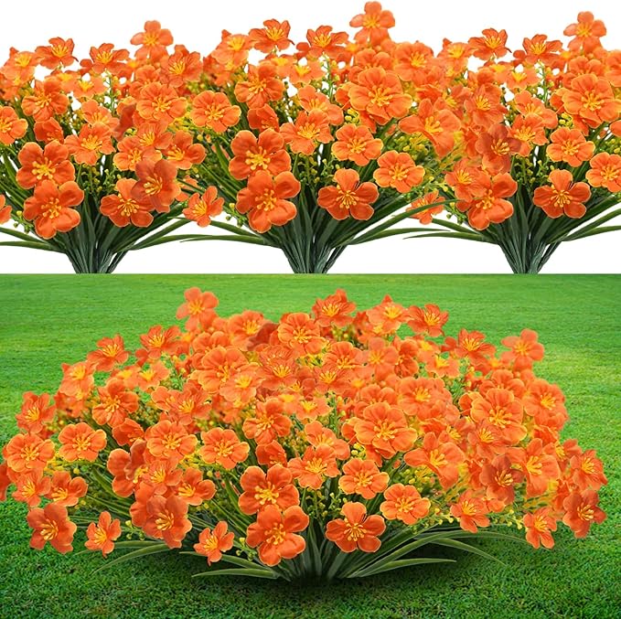 Krissing 8 Pcs Fall Artificial Outdoors Flowers,UV Resistant Fake Fall Plastic Flowers Fuax Fall Shrubs for Outdoors Autumn Home Garden Porch Window Box Thanksgiving Fall Outdoor Decor (Orange)