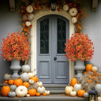 Artificial Topiary Ball Trees with Ground Spikes UV Resistant Faux Greenery Shrubs Fake Shrubs for Outdoors, Realistic Faux Plants Bushes for Garden Porch Yard Patio Decor (Orange Small Flower)